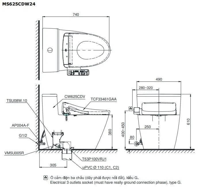 Bồn Cầu Điện Tử TOTO MS625DW24#XW Washlet TCF33461GAA S2