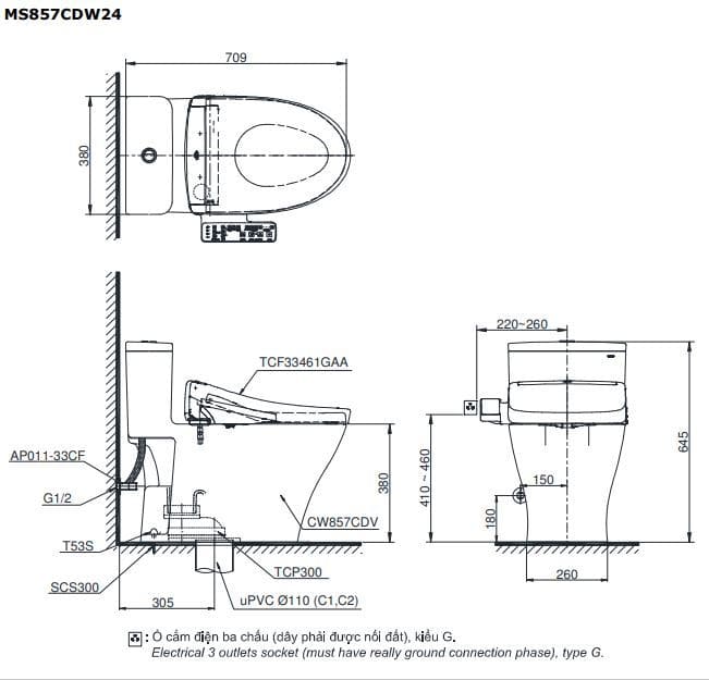 Bản vẽ kỹ thuật bồn cầu 1 khối TOTO MS857CDW24#XW nắp rửa Washlet TCF33461GAA S2 Giấu Dây
