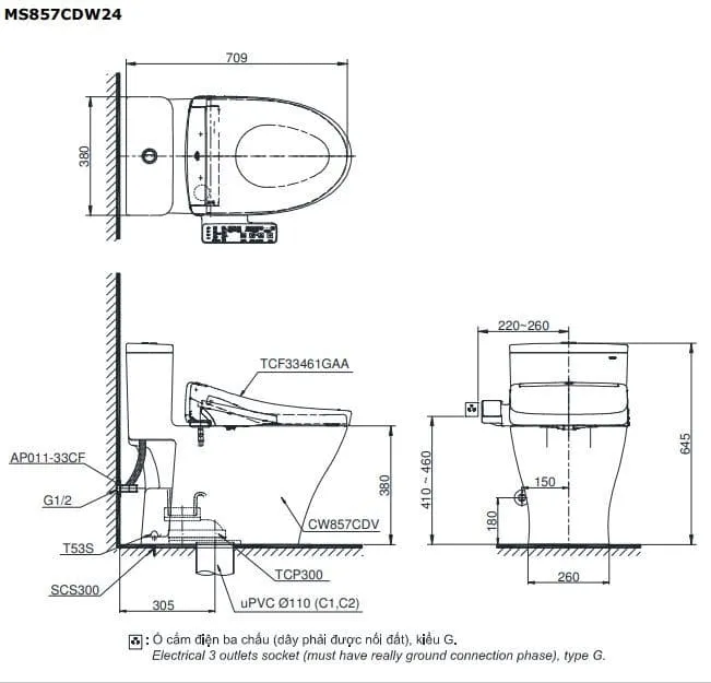 Bản vẽ kỹ thuật bồn cầu 1 khối TOTO MS857CDW24#XW nắp rửa Washlet TCF33461GAA S2 Giấu Dây