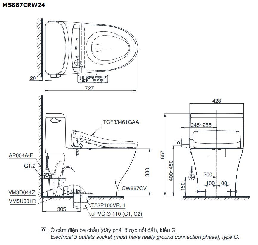 Bản vẽ kỹ thuật bồn cầu 1 khối TOTO MS887CRW24#XW nắp rửa Washlet TCF33461GAA S2 Giấu Dây