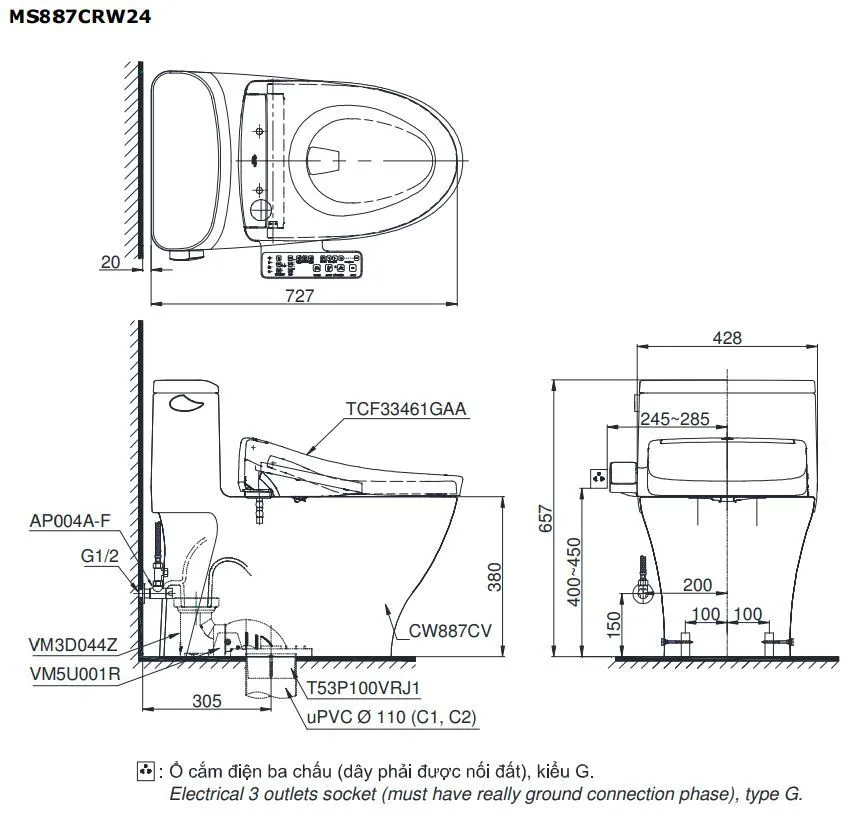 Bản vẽ kỹ thuật bồn cầu 1 khối TOTO MS887CRW24#XW nắp rửa Washlet TCF33461GAA S2 Giấu Dây