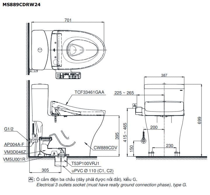 Bản vẽ kỹ thuật bồn cầu 1 khối TOTO MS889DRW24#XW Washlet nắp TCF33461GAA dòng S2 