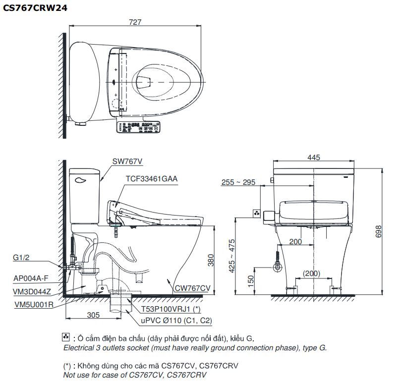 Bồn cầu 2 khối TOTO CS767CRW24#XW nắp washlet TCF33461GAA S2 giấu dây