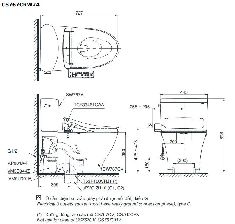 Bồn cầu 2 khối TOTO CS767CRW24#XW nắp washlet TCF33461GAA S2 giấu dây