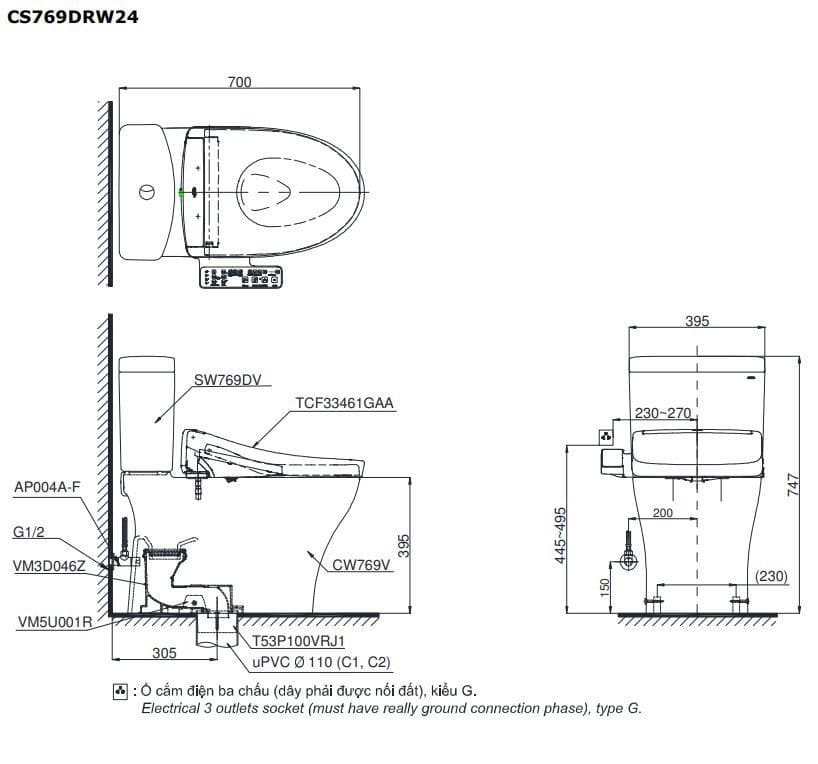 Bồn cầu 1 khối TOTO CS769CDRW24#XW Washlet TCF33461GAA S2 giấu dây