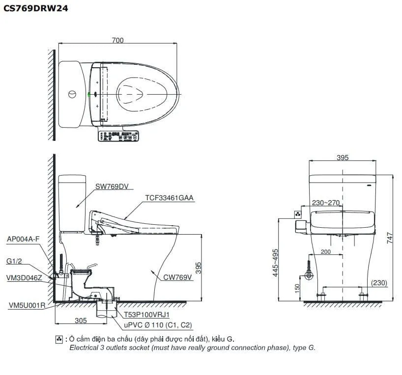 Bồn cầu 1 khối TOTO CS769CDRW24#XW Washlet TCF33461GAA S2 giấu dây