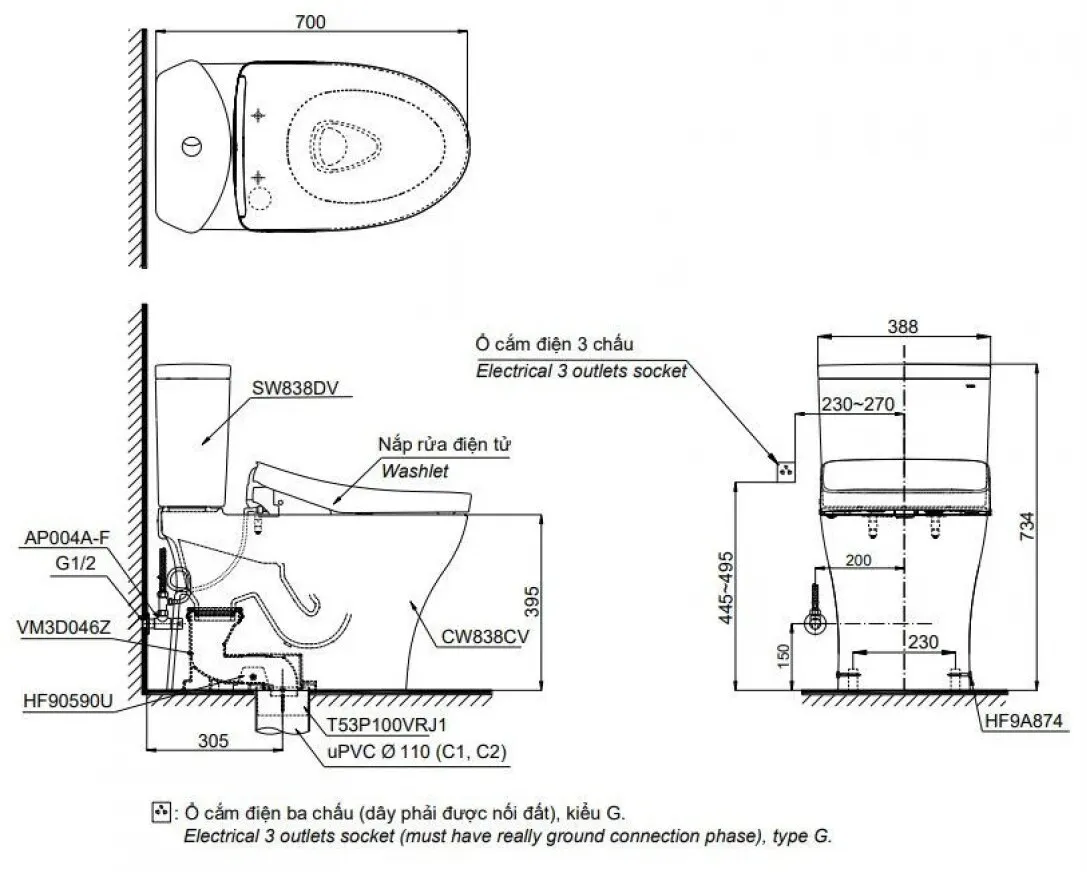 Bồn cầu 2 khối TOTO CS838CDW24#XW nắp rửa Washlet TCF33461GAA S2 Giấu Dây