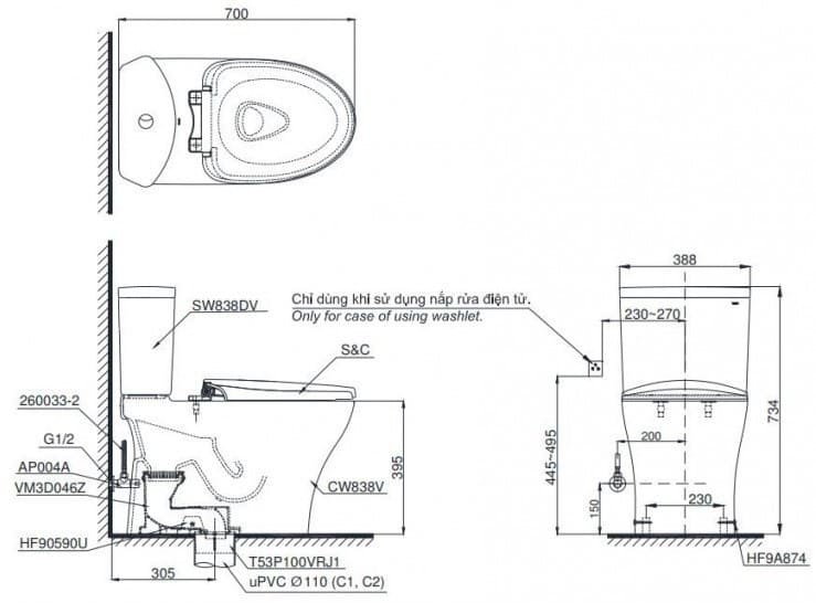 Bồn cầu 2 khối TOTO CS838DW18#XW nắp rửa Washlet TCF23710AAA