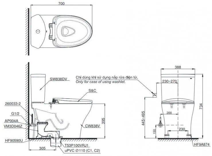 Bồn cầu 2 khối TOTO CS838DW18#XW nắp rửa Washlet TCF23710AAA