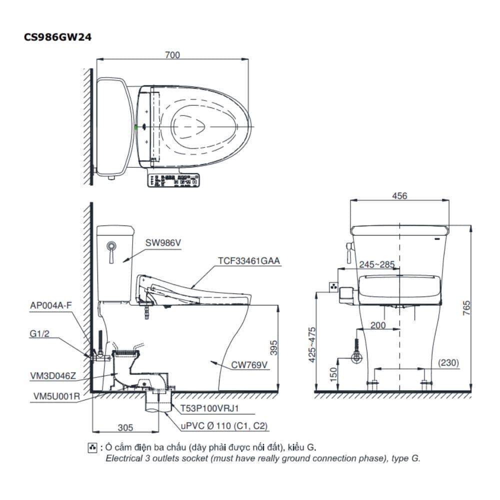 Bồn cầu 2 khối TOTO CS986GW24#XW nắp rửa Washlet TCF33461GAA S2