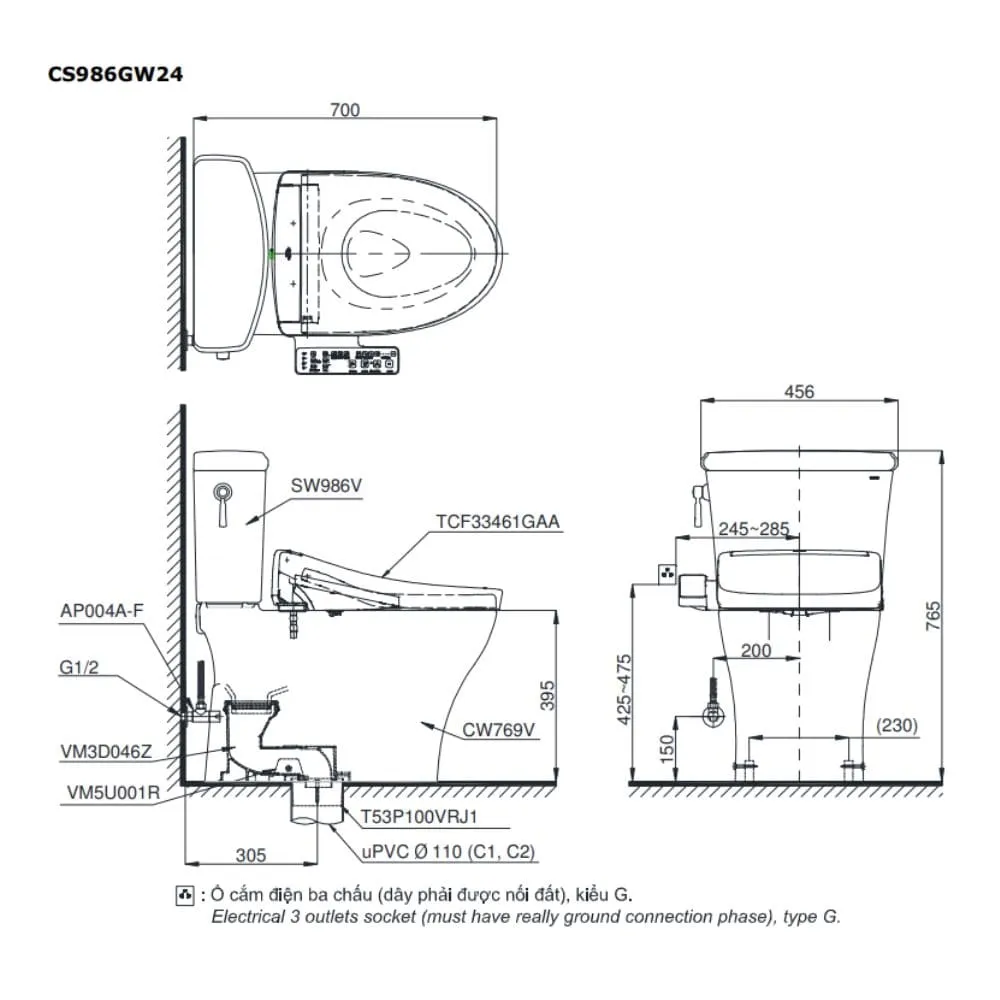 Bồn cầu 2 khối TOTO CS986GW24#XW nắp rửa Washlet TCF33461GAA S2