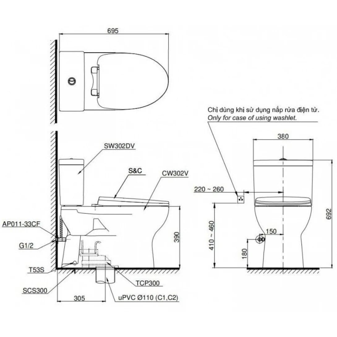 Bồn cầu 2 khối TOTO CS302DW18#W nắp rửa Washlet TCF23710AAA C Simple