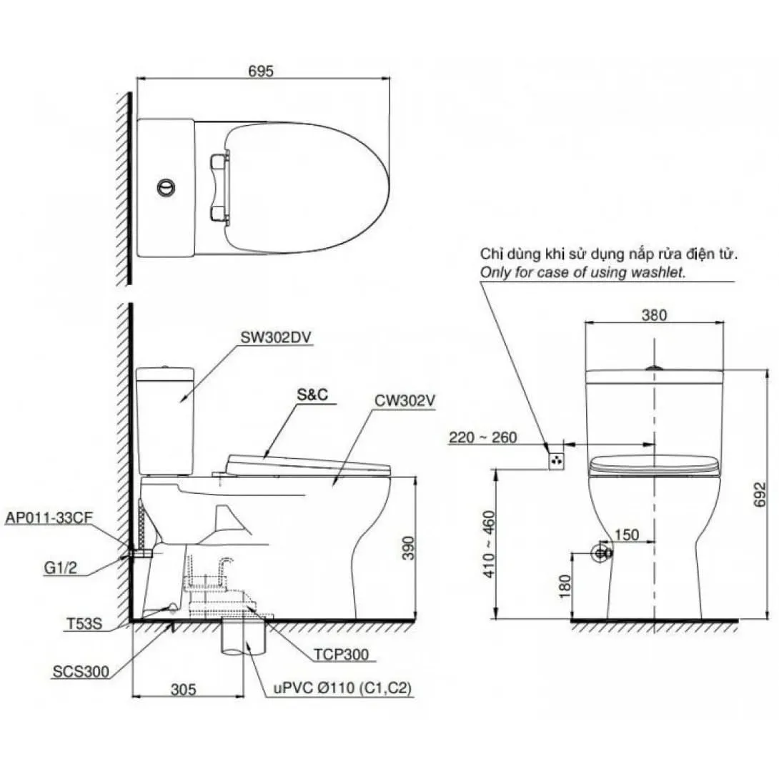Bồn cầu 2 khối TOTO CS302DW18#W nắp rửa Washlet TCF23710AAA C Simple