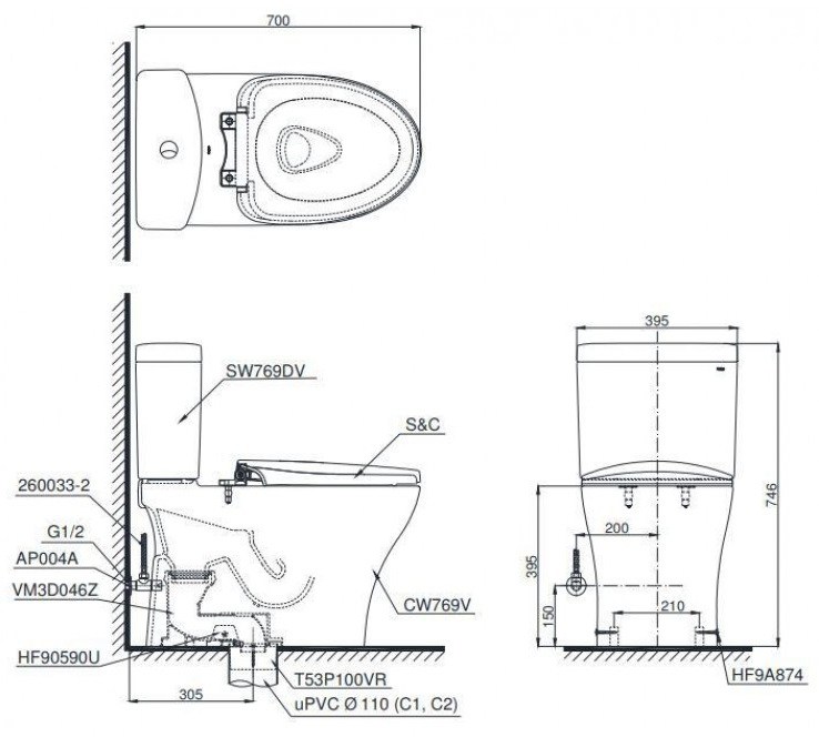 Bồn cầu 2 khối TOTO CS769DRW18#XW nắp rửa Washlet TCF23710AAA