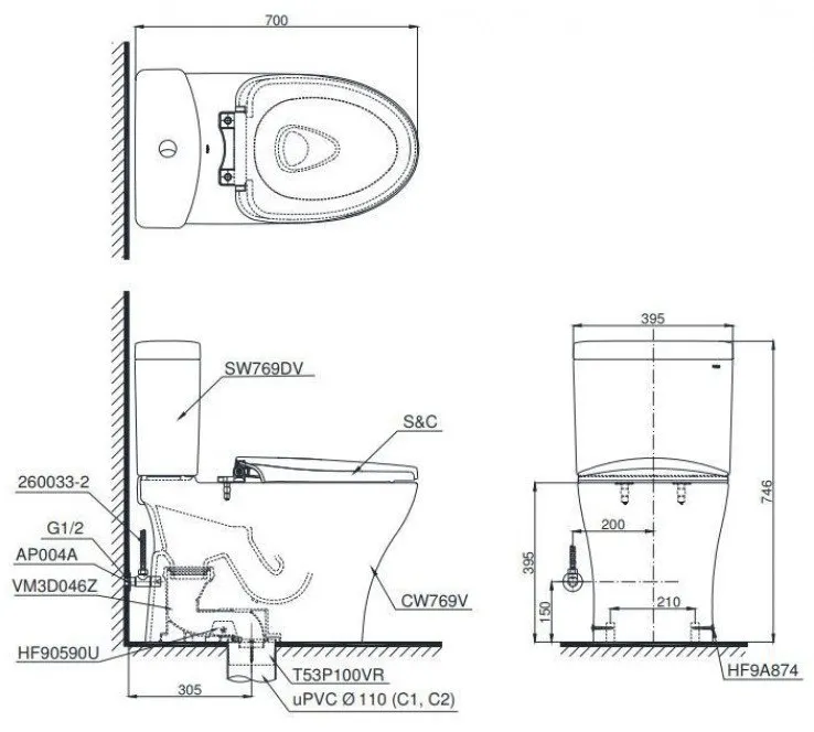 Bồn cầu 2 khối TOTO CS769DRW18#XW nắp rửa Washlet TCF23710AAA