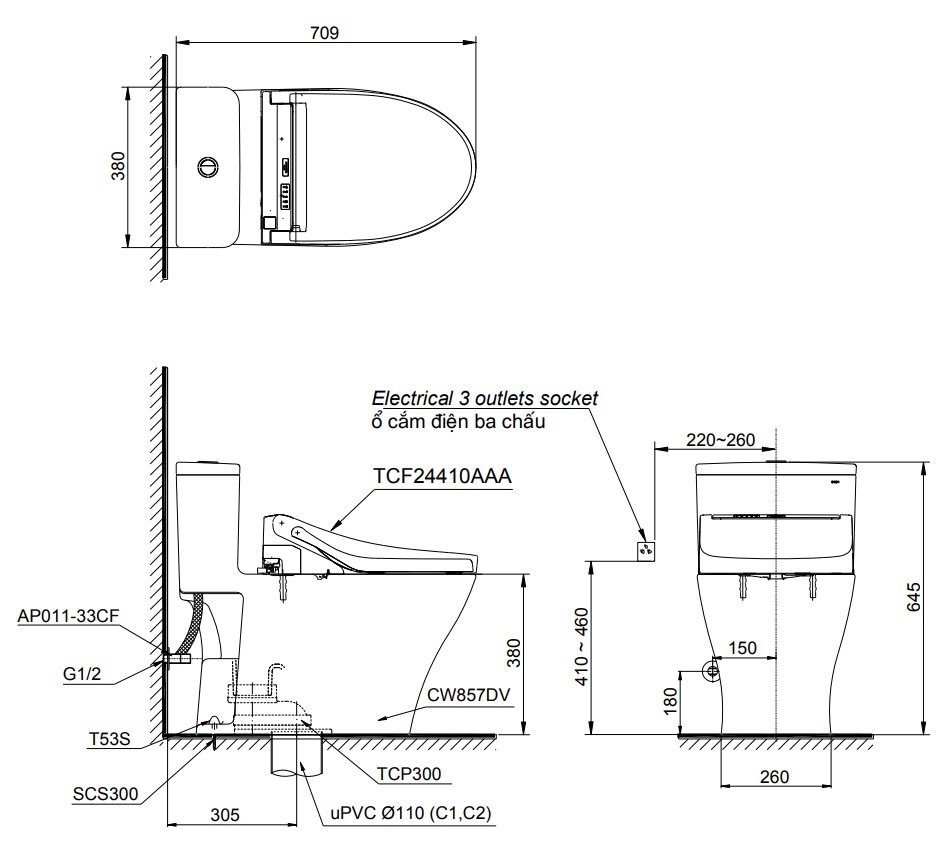 Bồn cầu 1 khối TOTO MS857DW14#XW nắp rửa Washlet TCF24410AAA C5