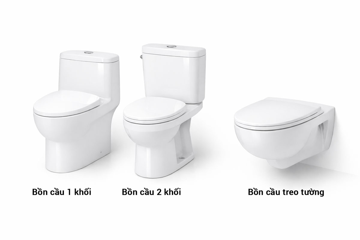 Các dòng bồn cầu Cotto gồm 1 khối, 2 khối và treo tường trong bố cục so sánh