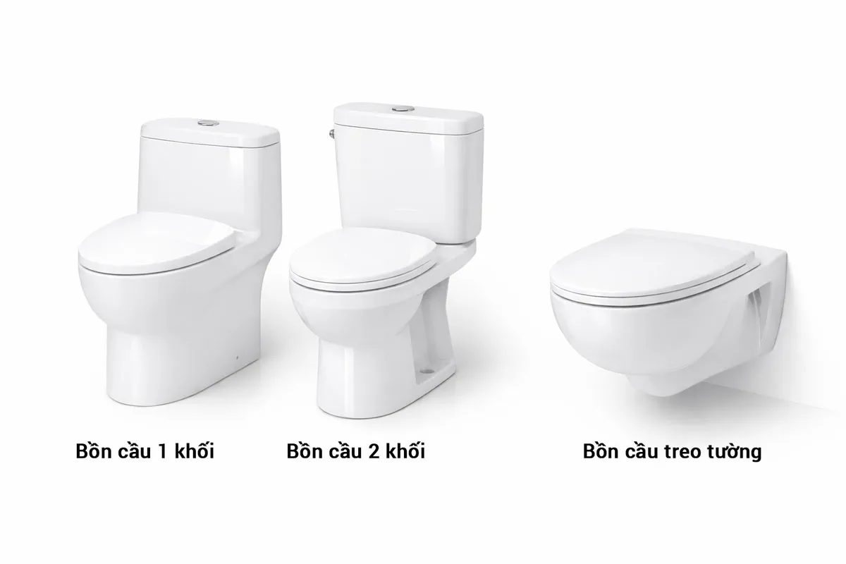 Các dòng bồn cầu Cotto gồm 1 khối, 2 khối và treo tường trong bố cục so sánh