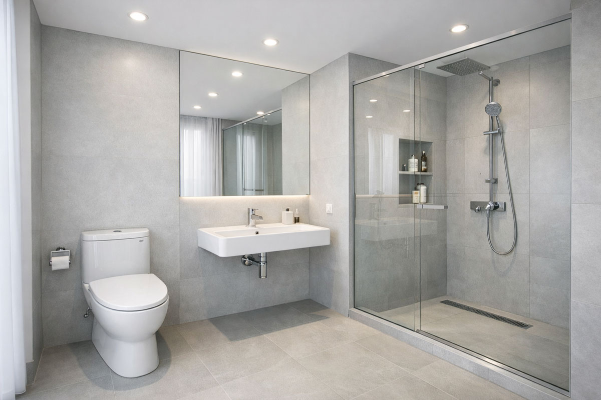 Bồn cầu Cotto phối cùng lavabo và sen tắm đồng bộ trong phòng tắm hiện đại