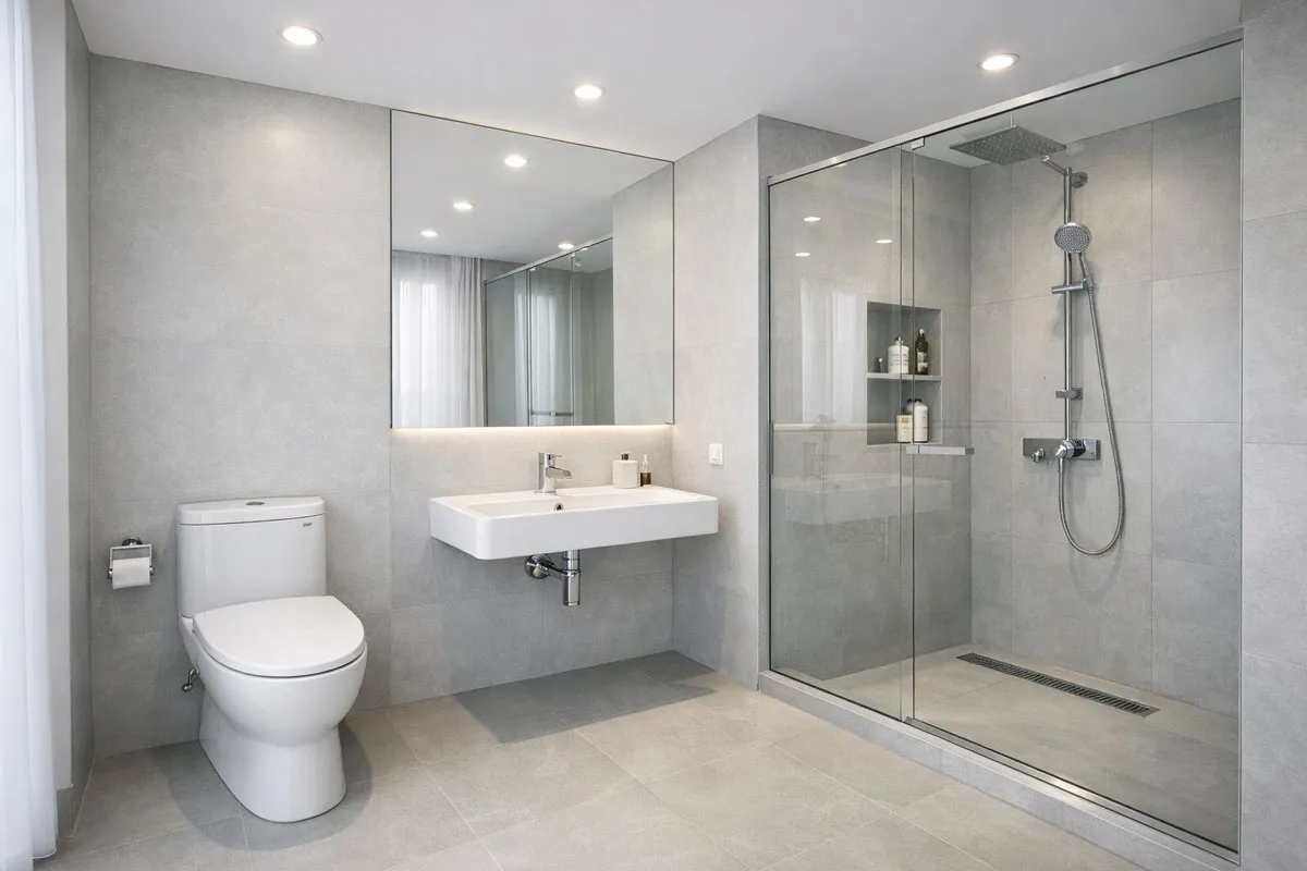 Bồn cầu Cotto phối cùng lavabo và sen tắm đồng bộ trong phòng tắm hiện đại