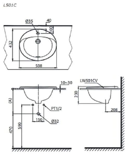 bản vẽ kỹ thuật chậu rửa lavabo Dương Vành TOTO L501C#XW