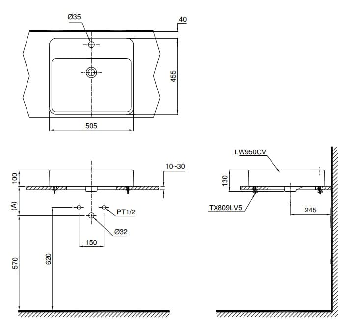 bản vẽ kỹ thuật chậu lavabo đặt bàn TOTO LT950C#XW