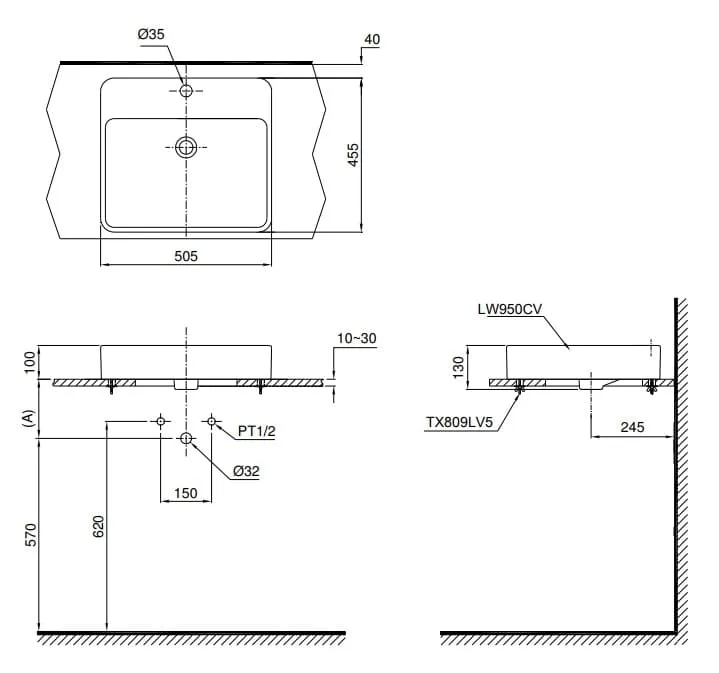 bản vẽ kỹ thuật chậu lavabo đặt bàn TOTO LT950C#XW