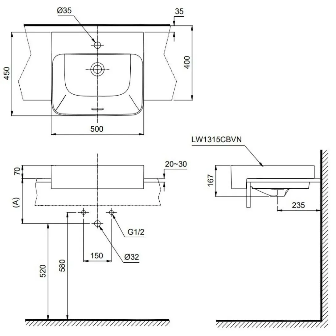bản vẽ kỹ thuật chậu lavabo bán âm bàn TOTO LW1315CBVN#XW