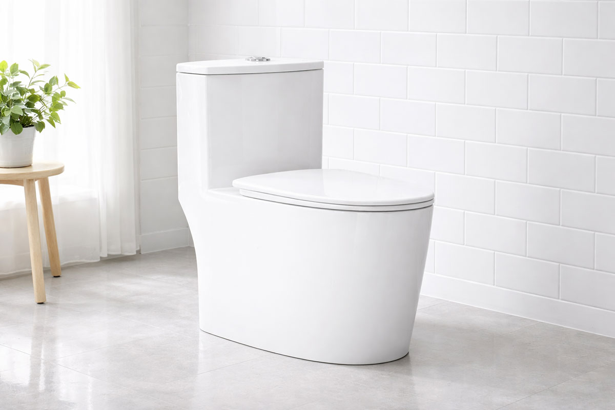 Mẫu bồn cầu Dugi 1 khối thân kín, bo tròn mượt mà, dễ lau chùi