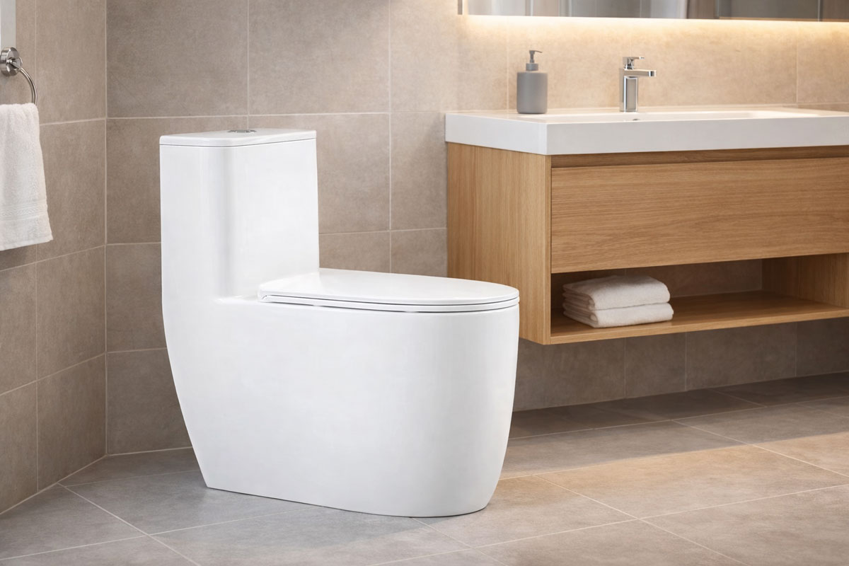 Bồn cầu Dugi lắp đặt thực tế trong phòng tắm gia đình với không gian hiện đại