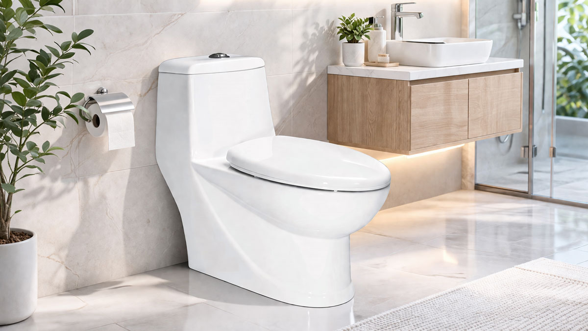 Bồn cầu HC lắp trong phòng tắm hiện đại với thiết kế gọn và sạch mắt