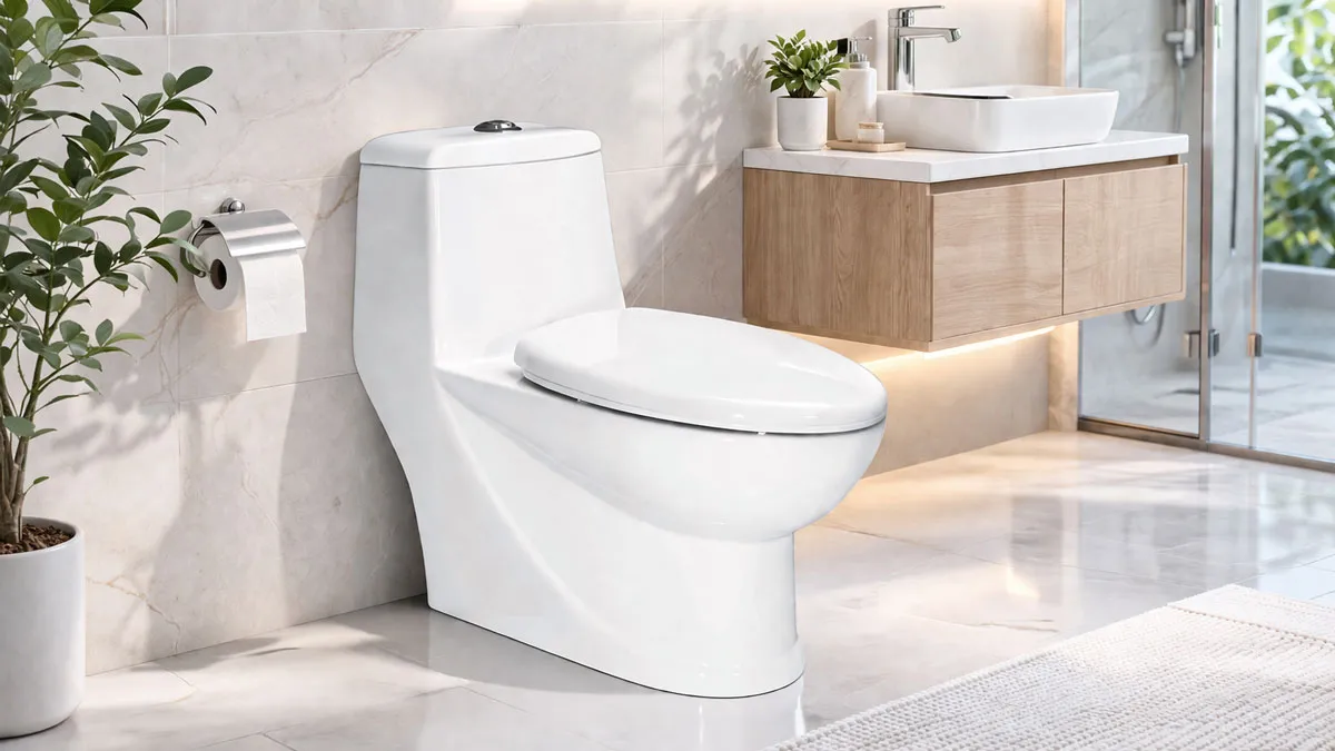 Bồn cầu HC lắp trong phòng tắm hiện đại với thiết kế gọn và sạch mắt