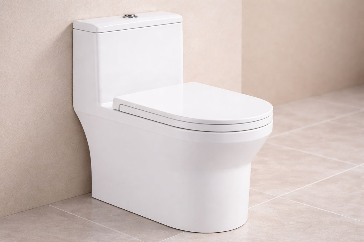 Cận cảnh bồn cầu liền khối Royal Join với lớp men nano trắng tuyết và nắp nhựa nguyên chất