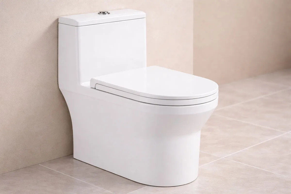 Cận cảnh bồn cầu liền khối Royal Join với lớp men nano trắng tuyết và nắp nhựa nguyên chất