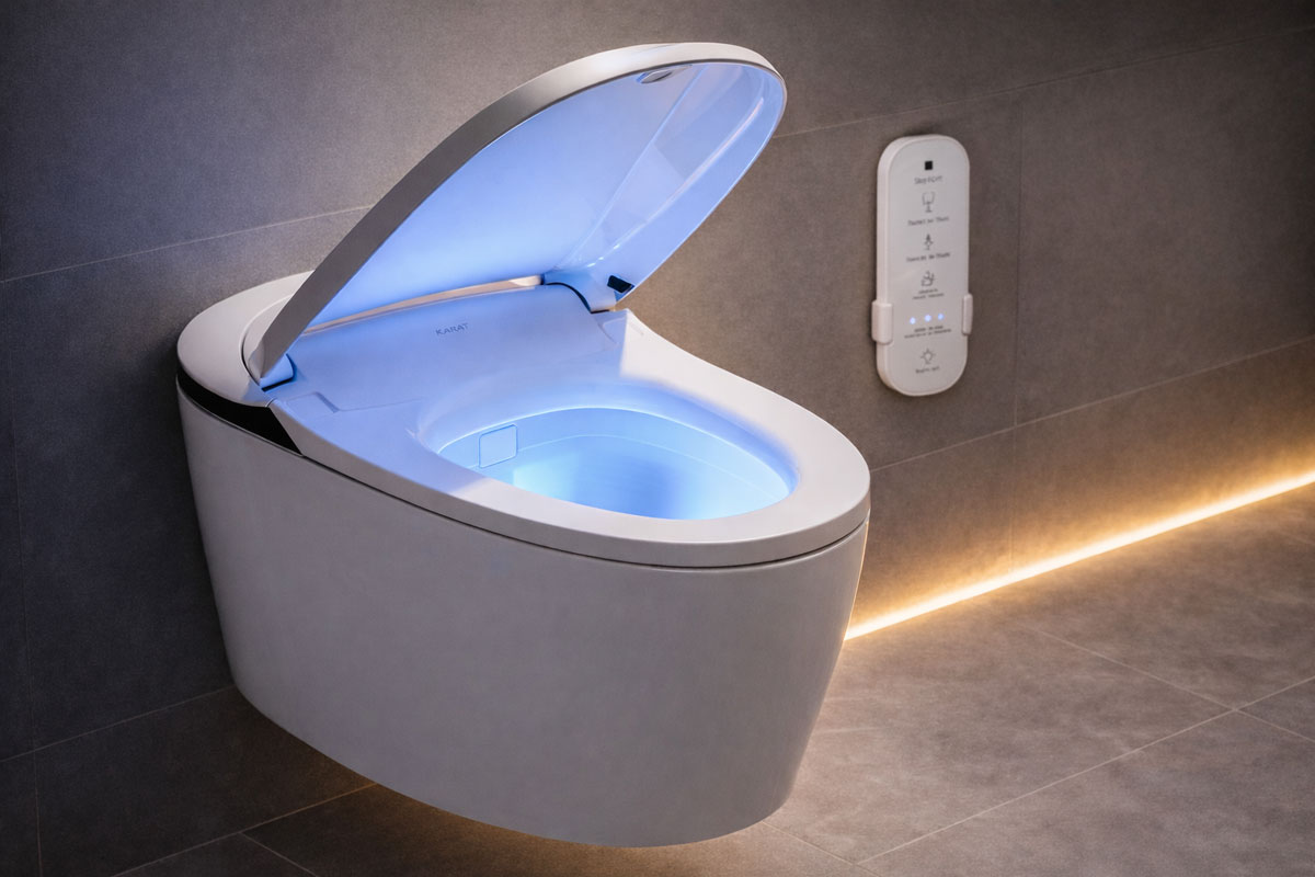Cận cảnh bồn cầu thông minh Karat với nắp tự động mở, bảng điều khiển hiện đại