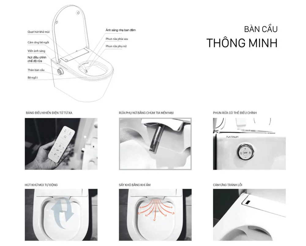 Bồn cầu thông minh Platinum với vòi rửa tự động và bảng điều khiển tiện nghi