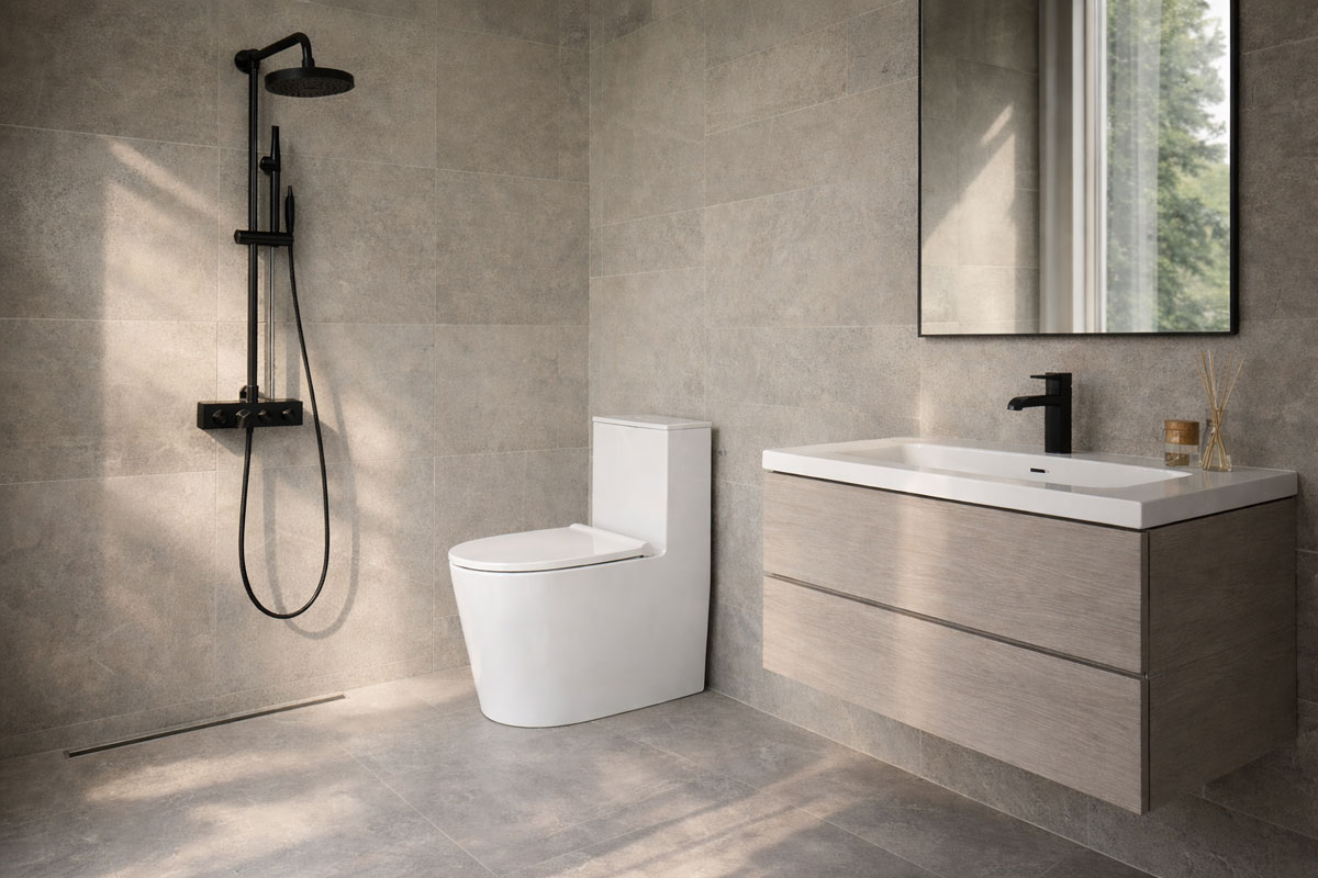 Phòng tắm cao cấp đồng bộ thiết bị vệ sinh và bồn cầu Hansgrohe treo tường