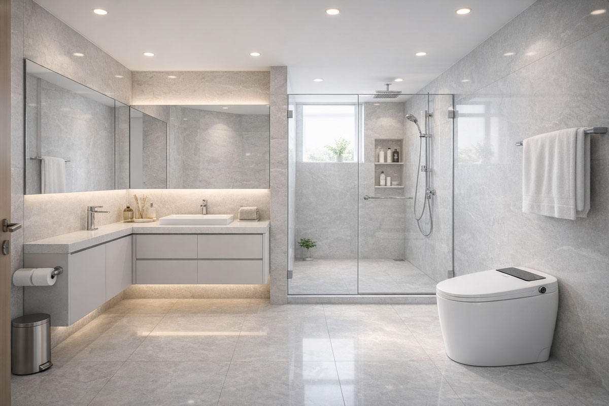Bồn cầu Selta phối cùng lavabo và sen tắm trong phòng tắm đồng bộ