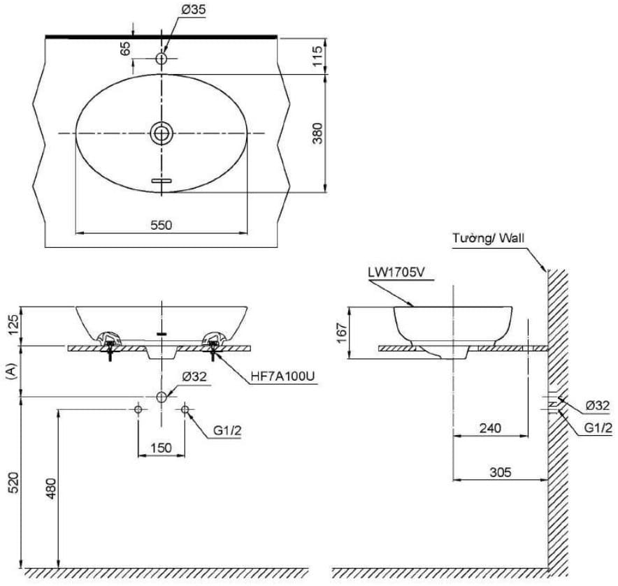 Bản vẽ kỹ thuật Chậu Rửa Mặt Đặt Bàn Màu Trắng Lavabo TOTO LT1705#MW