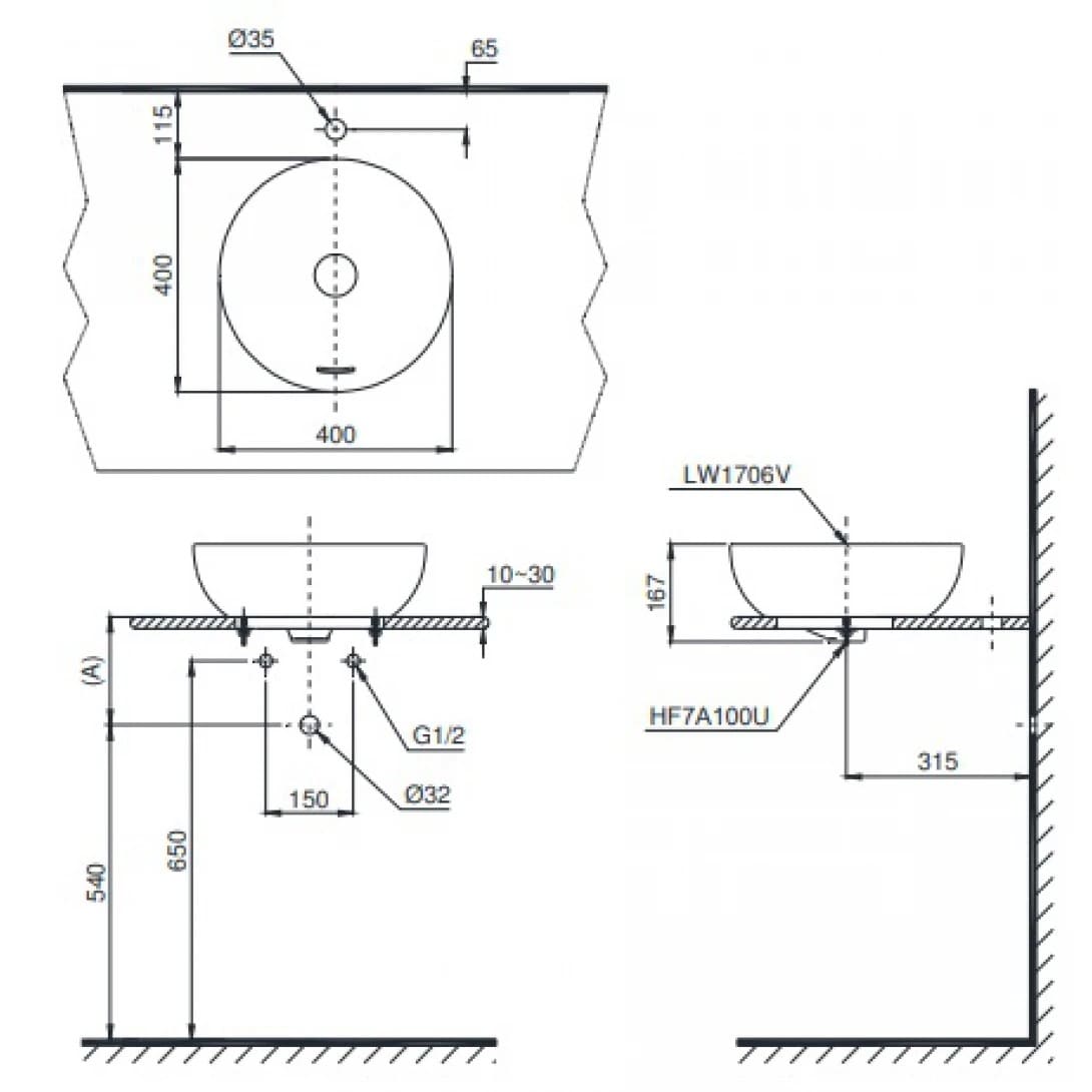Bản vẽ kỹ thuật chậu rửa mặt đặt bàn Lavabo TOTO LT1706#XW