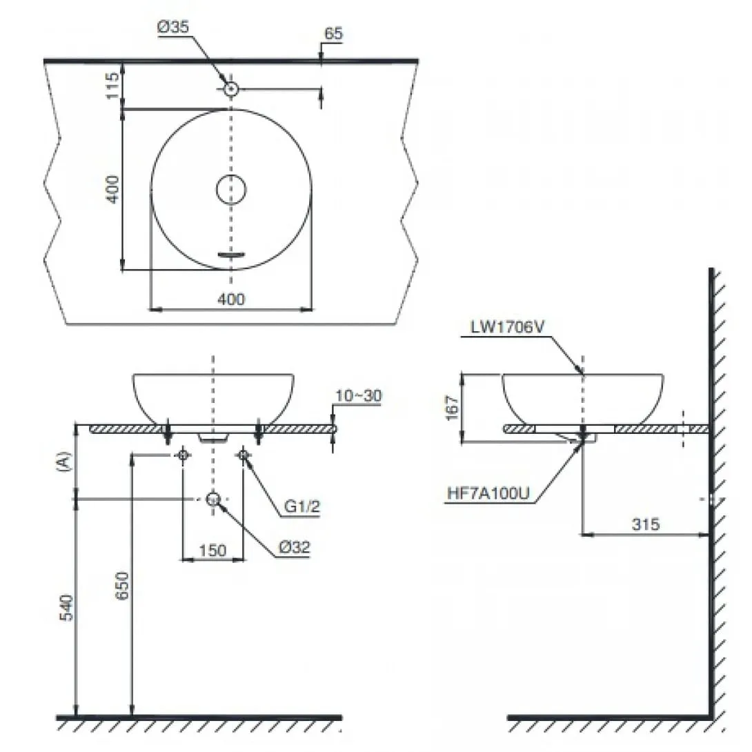 Bản vẽ kỹ thuật chậu rửa mặt đặt bàn Lavabo TOTO LT1706#XW