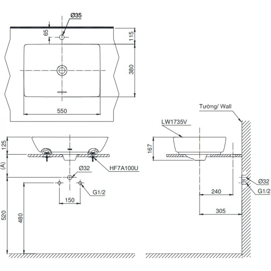 Bản vẽ kỹ thuật Chậu rửa mặt đặt bàn màu trắng Lavabo TOTO LT1735#XW