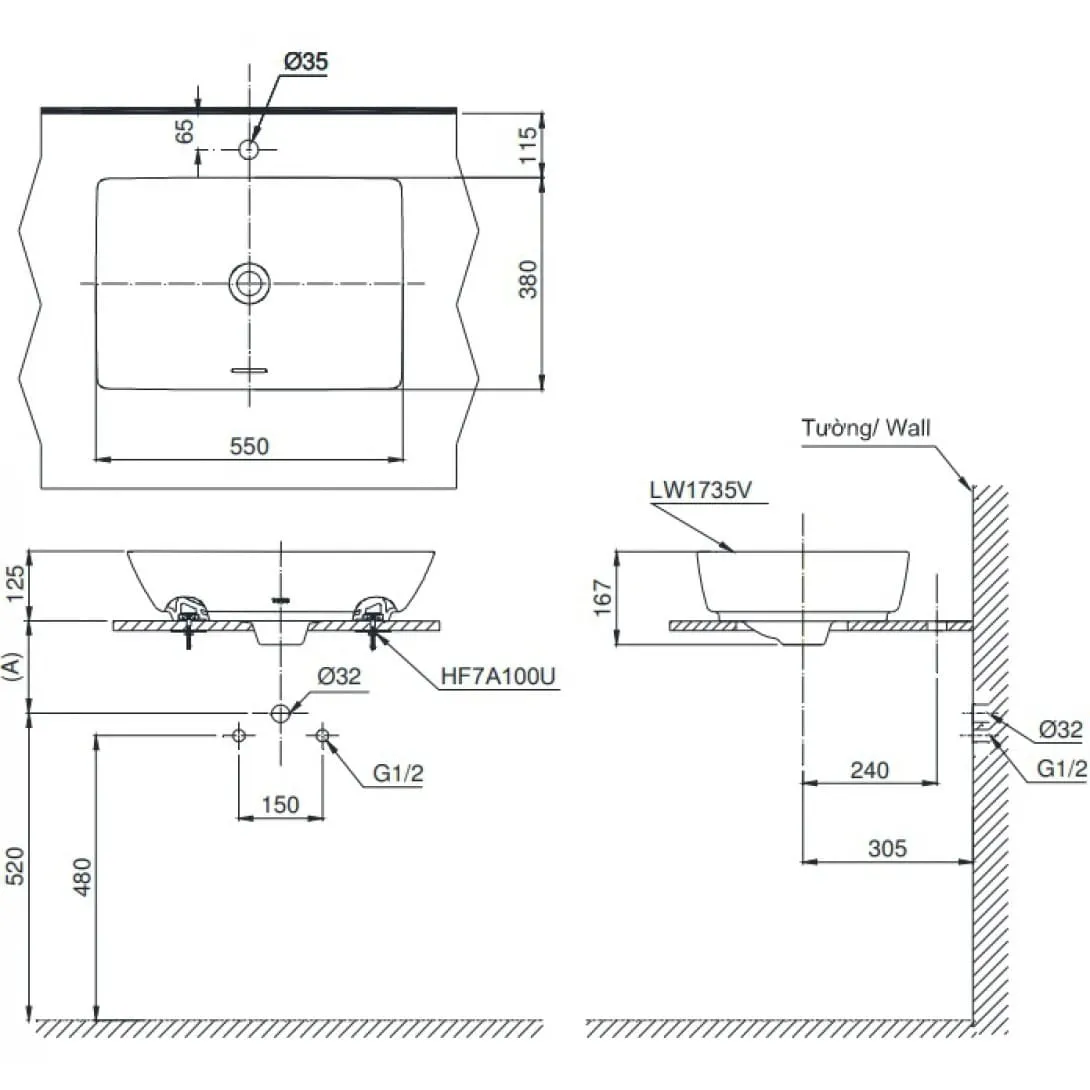 Bản vẽ kỹ thuật Chậu rửa mặt đặt bàn màu trắng Lavabo TOTO LT1735#XW