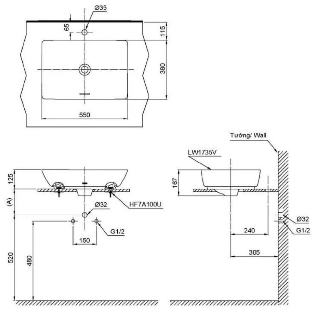Bản vẽ kỹ thuật CChậu rửa mặt đặt bàn màu trắng mờ Lavabo TOTO LT1735#MW