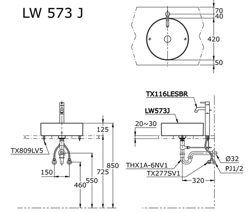 Bản vẽ kỹ thuật chậu rửa mặt đặt bàn màu trắng Lavabo TOTO LW573JW/F#W