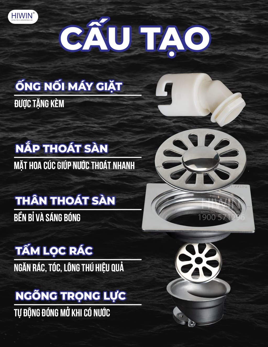 Phễu thu sàn máy giặt thoát nhanh phi 90 Hiwin FD-2250W