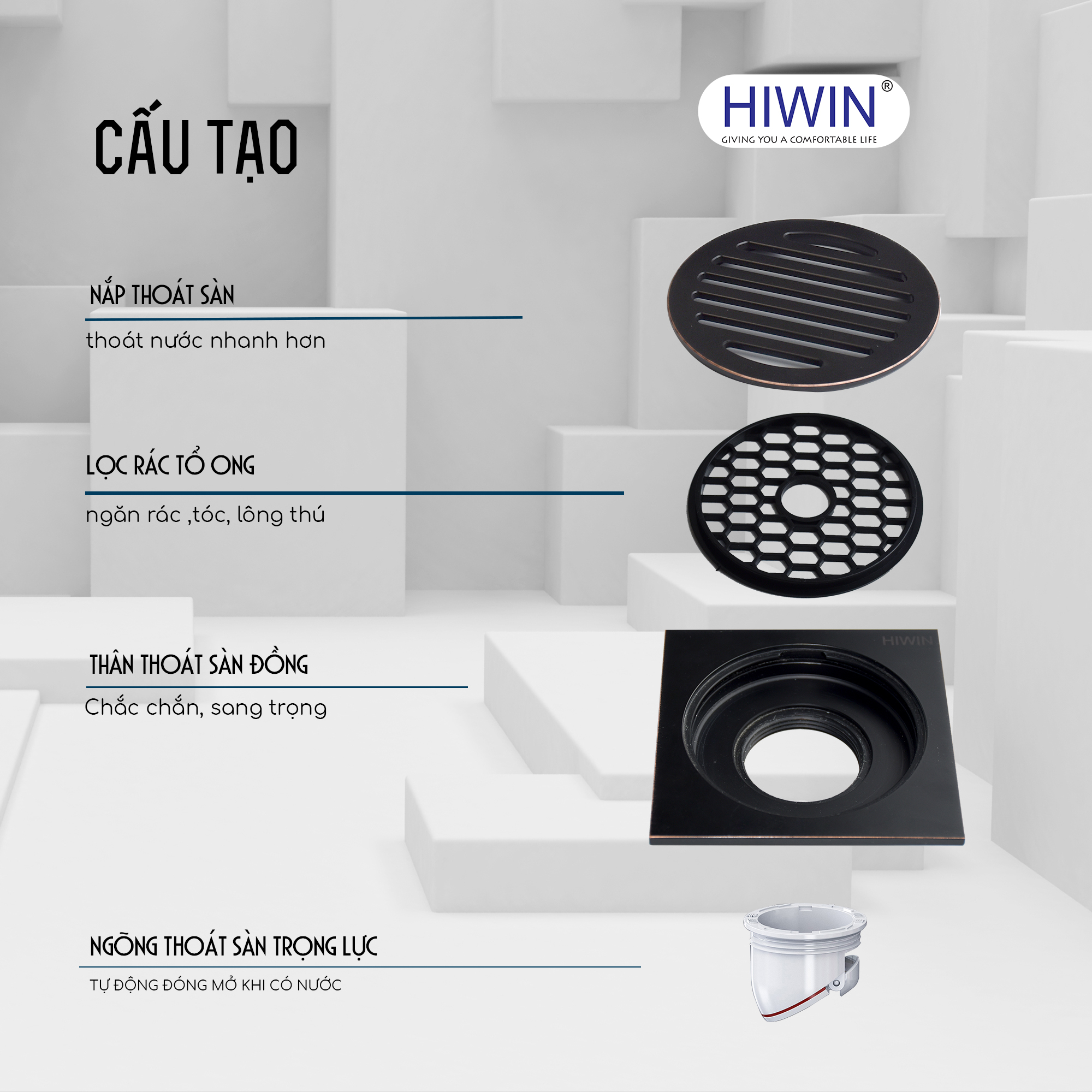 Ga thoát sàn ngăn mùi thoát nhanh phi 100x100 màu đen HIWIN FD-1101D