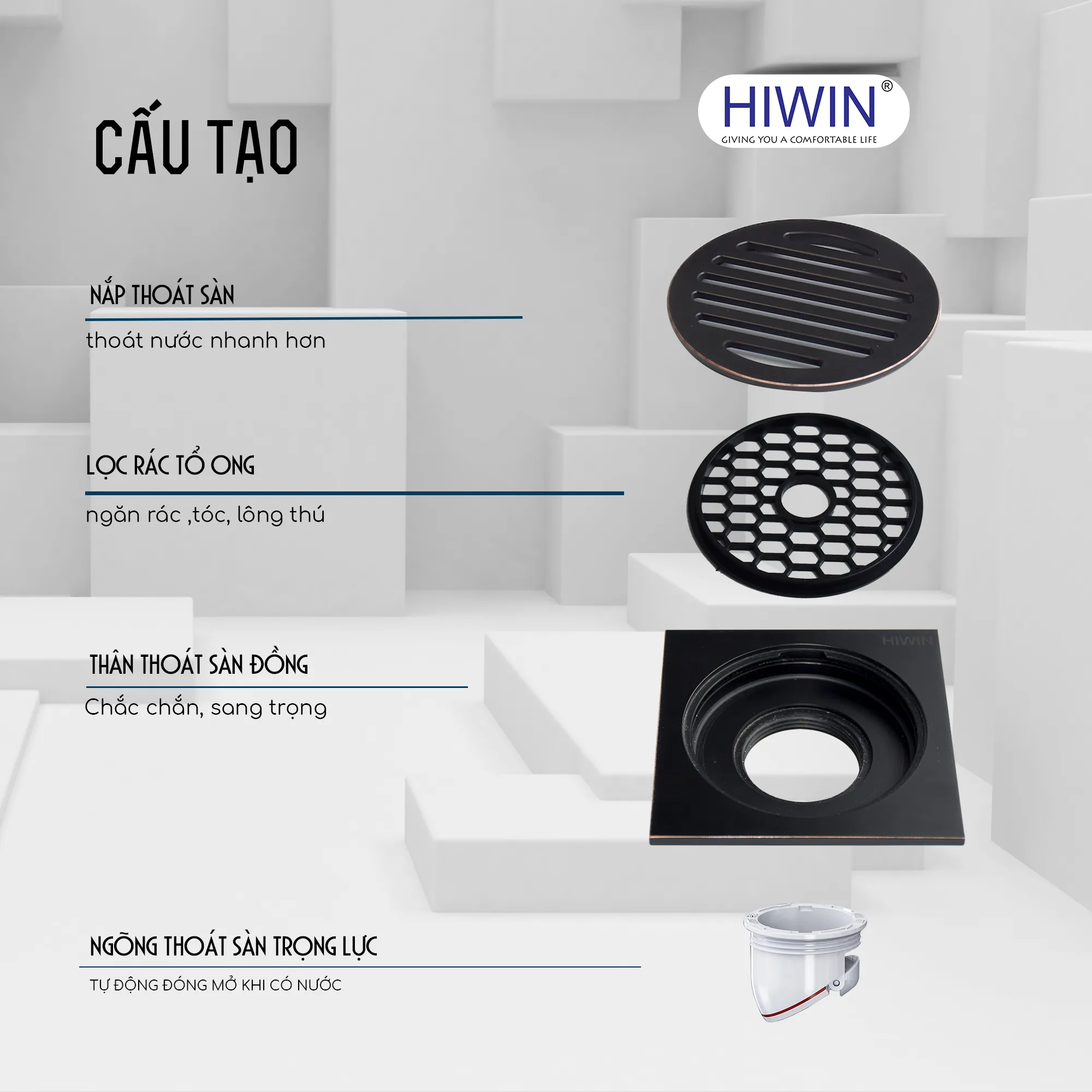 Ga thoát sàn ngăn mùi thoát nhanh phi 100x100 màu đen HIWIN FD-1101D