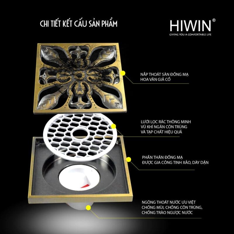 Ga thoát sàn ngăn mùi hoa văn giả cổ thoát nhanh Hiwin FD-4007