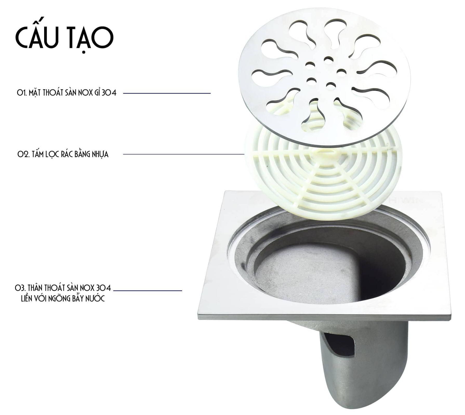 Phễu thu sàn đúc nguyên khối chất liệu inox 304 siêu bền Hiwin FD-026 